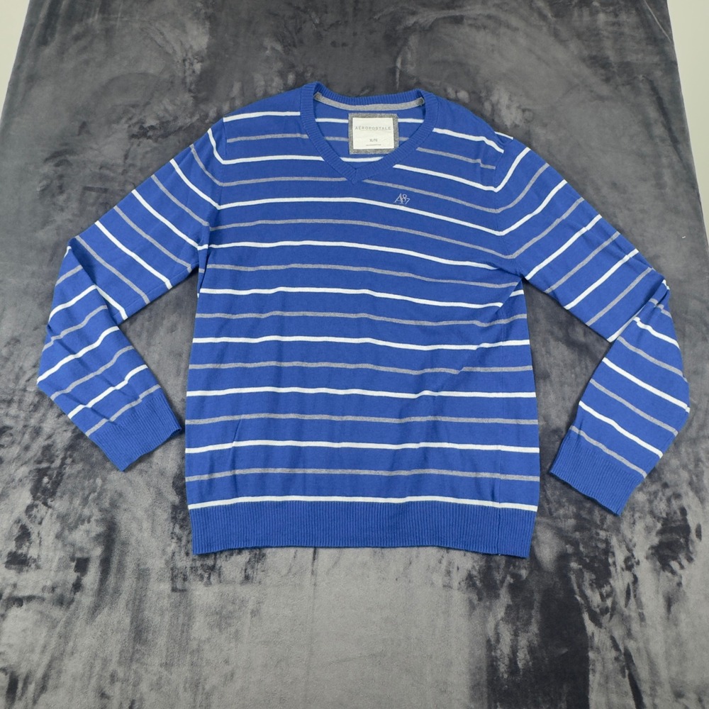 Aeropostale Sweater Mens XL Blue Striped V-Neck Cotton Wool Blend A87 Logo